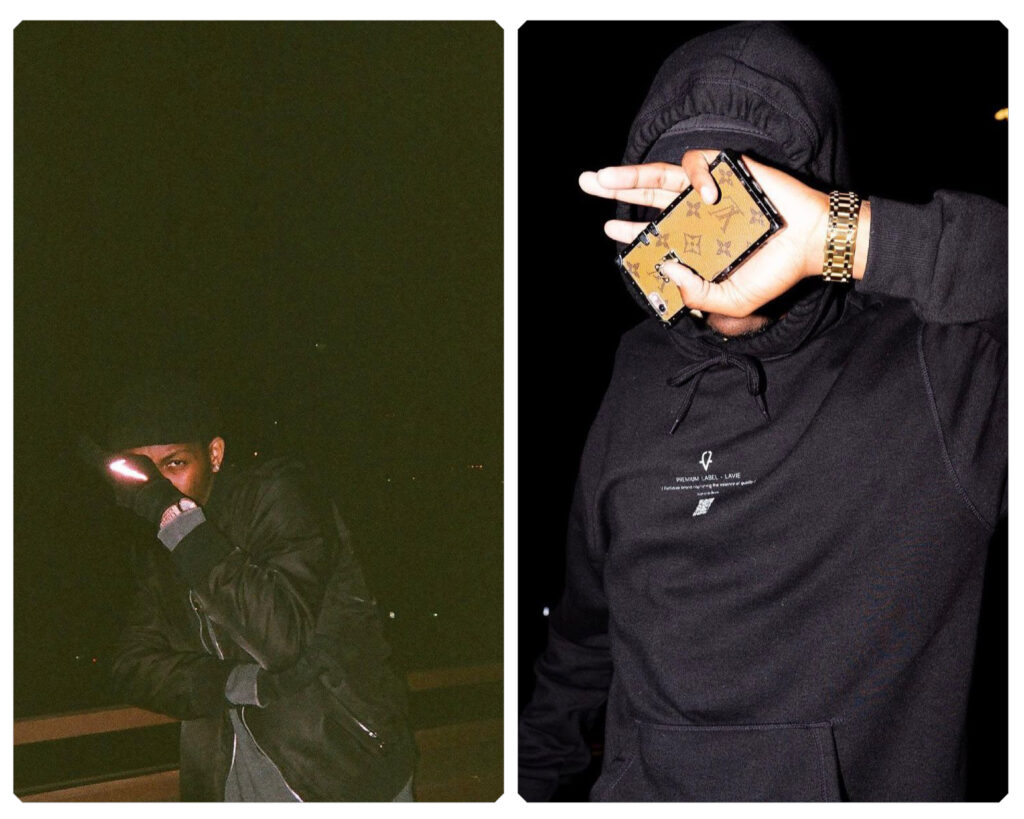 Anthony Ross, LaVie designer, in a black hoodie covers their face with their hand holding a Louis Vuitton phone case, standing against a dark background.