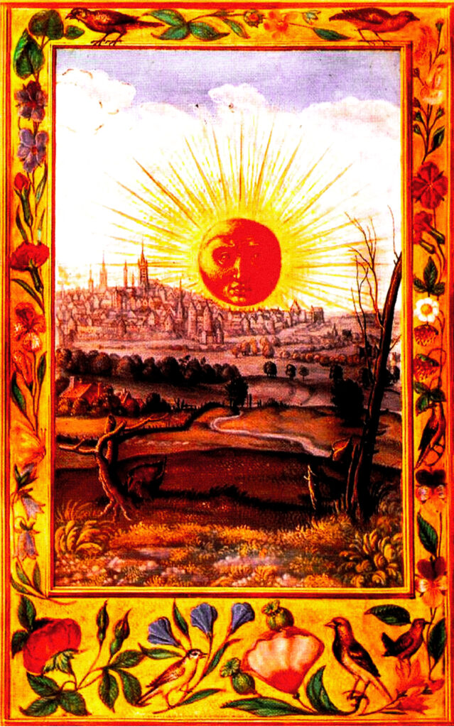 El sol rojo saliendo sobre la ciudad, la ilustración final del texto alquímico del siglo XVI, Splendor Solis. La palabra rubedo, que significa 1 "rojez", fue adoptada por los alquimistas y señalaba el éxito alquímico y el final de la Gran Obra.